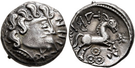 NORTHEAST GAUL. Suessiones. Circa 100-50 BC. Quinarius (Silver, 14 mm, 2.45 g, 5 h). NHI Male head to right, hair in six S-shaped locks, wearing neckl...