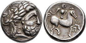 CARPATHIAN REGION. Uncertain tribe. Circa 3rd century BC. Tetradrachm (Silver, 22 mm, 12.20 g, 9 h), 'Puppenreiter nach Audoleon' type, imitating Phil...