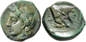 CAMPANIA. Neapolis. Circa 325-320 BC. Quarter Unit (Bronze, 18 mm, 5.18 g, 8 h). Laureate head of Apollo to left. Rev. [Ν]ΕΟΠΟ- ΣHTIΛ Forepart of a ma...