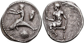 CALABRIA. Tarentum. Circa 450-440 BC. Didrachm or Nomos (Silver, 25 mm, 7.95 g, 6 h). Youthful oikist, nude, riding dolphing to left, extending both h...