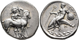 CALABRIA. Tarentum. Circa 344-340 BC. Didrachm or Nomos (Silver, 21 mm, 7.79 g, 3 h). Warrior, nude but for crested helmet, standing facing behind bri...