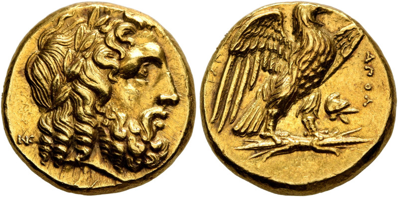CALABRIA. Tarentum. Circa 280 BC. Stater (Gold, 17 mm, 8.59 g, 5 h). Laureate he...