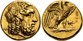 CALABRIA. Tarentum. Circa 280 BC. Stater (Gold, 17 mm, 8.59 g, 5 h). Laureate head of Zeus to right; behind neck, monogram of NK. Rev. [TAPANTINΩN] Ea...