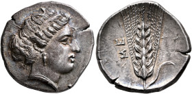 LUCANIA. Metapontion. Circa 400-340 BC. Didrachm or Nomos (Silver, 24 mm, 7.67 g, 7 h), obverse die signed by Kri.... Head of Demeter to right, wearin...