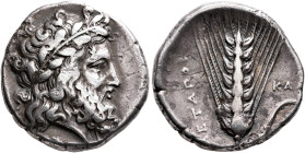 LUCANIA. Metapontion. Circa 340-330 BC. Didrachm or Nomos (Silver, 21 mm, 7.57 g, 9 h). Laureate head of Zeus to right; to left, [thunderbolt]. Rev. Μ...