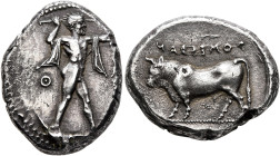 LUCANIA. Poseidonia. Circa 420-410 BC. Stater (Silver, 20 mm, 7.81 g, 9 h). [ΠΟΣEIΔA] Poseidon striding to right, his left arm outstretched, brandishi...