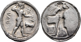 BRUTTIUM. Kaulonia. Circa 525-500 BC. Stater (Silver, 29 mm, 8.03 g, 12 h). [K]AVΛ Apollo, nude, striding right, holding laurel branch in his upraised...