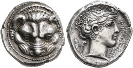 BRUTTIUM. Rhegion. Circa 415/0-387 BC. Tetradrachm (Silver, 25 mm, 16.66 g, 6 h), reverse die signed by Kratesippos. Facing head of a lion. Rev. ΡHΓIN...
