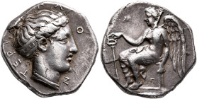 BRUTTIUM. Terina. Circa 420-400 BC. Didrachm or Nomos (Silver, 21 mm, 7.51 g, 4 h). TEPI-NAI-O-N Head of the nymph Terina to right, wearing pearl neck...