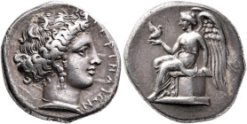 BRUTTIUM. Terina. Circa 400-356 BC. Didrachm or Nomos (Silver, 20 mm, 7.46 g, 3 h). TEPINAION Head of the nymph Terina to right, wearing triple pendan...
