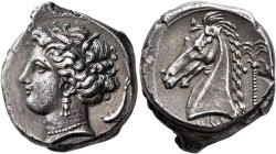 SICILY. Entella (?). Punic issues, circa 320/15-300 BC. Tetradrachm (Silver, 27 mm, 17.09 g, 6 h). Head of Tanit-Persephone to left, wearing wreath of...