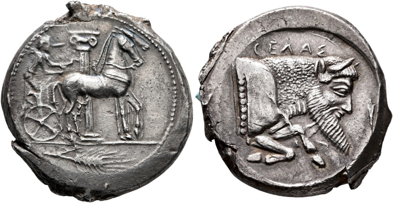 SICILY. Gela. Circa 465-450 BC. Tetradrachm (Silver, 28 mm, 17.77 g, 8 h). Chari...