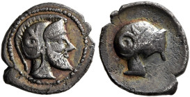 SICILY. Himera. Circa 475-450 BC. Litra (Silver, 8 mm, 0.52 g, 11 h). Bearded male head to right, wearing crested Attic helmet decorated with a volute...