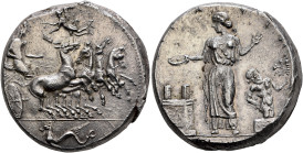 SICILY. Himera. Circa 409-407 BC. Tetradrachm (Silver, 24 mm, 17.37 g, 7 h), obverse die signed by Mai.... The nymph Himera driving quadriga galloping...