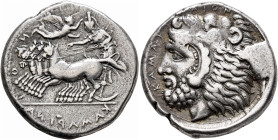 SICILY. Kamarina. Circa 425-405 BC. Tetradrachm (Silver, 27 mm, 17.00 g, 5 h). И-O-I-AИIꟼAMAꓘ Athena driving quadriga galloping to left, holding kentr...