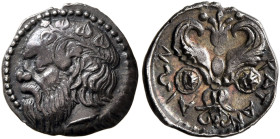 SICILY. Katane. Circa 415/3-404 BC. Litra (Silver, 11 mm, 0.85 g, 7 h). Head of Silenos to left, wearing ivy wreath. Rev. ΚΑΤΑΝ-ΑΙΩΝ Winged thunderbol...