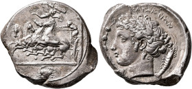 SICILY. Katane. Circa 412-403 BC. Tetradrachm (Silver, 26 mm, 16.33 g, 10 h), obverse die signed by Euainetos. Charioteer driving fast quadriga gallop...