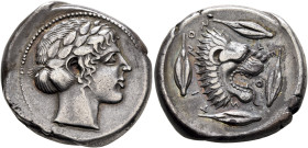 SICILY. Leontini. Circa 450-440 BC. Tetradrachm (Silver, 26 mm, 17.32 g, 4 h). Laureate head of Apollo to right. Rev. ΛE-O-N-TI-NON Head of a lion wit...