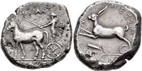 SICILY. Messana. 420-413 BC. Tetradrachm (Silver, 28 mm, 17.18 g, 9 h). The nymph Messana, wearing long chiton and holding reins and kentron in both h...
