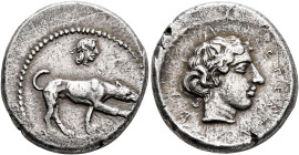 SICILY. Segesta. Circa 412/10-400 BC. Didrachm (Silver, 21 mm, 8.39 g, 7 h). The river-god Krimisos, in the form of a hunting dog, standing right, on ...