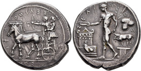 SICILY. Selinos. Circa 455-409 BC. Tetradrachm (Silver, 27.5 mm, 17.40 g, 2 h). ΣΕΛΙΝΟ-ΝΤΙ-ΟΣ Apollo and Artemis standing left in a quadriga moving sl...