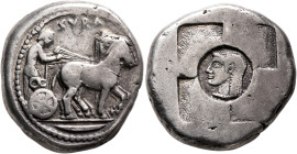 SICILY. Syracuse. Time of the Gamoroi or the First Democracy, circa 500-485 BC. Tetradrachm (Silver, 24 mm, 17.14 g, 4 h). ΣVRA Charioteer driving slo...