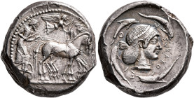 SICILY. Syracuse. Deinomenid Tyranny, 485-466 BC. Tetradrachm (Silver, 24 mm, 17.34 g, 12 h), circa 480-475. Charioteer driving quadriga walking to ri...