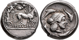 SICILY. Syracuse. Deinomenid Tyranny, 485-466 BC. Tetradrachm (Silver, 23 mm, 17.31 g, 6 h), circa 475-470. Charioteer driving quadriga walking to rig...