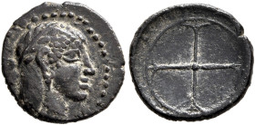 SICILY. Syracuse. Deinomenid Tyranny, 485-466 BC. Obol (Silver, 9 mm, 0.52 g, 1 h), circa 470-466. Head of Arethousa to right, wearing olive wreath, s...