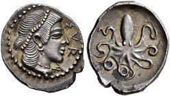 SICILY. Syracuse. Second Democracy, 466-405 BC. Litra (Silver, 11 mm, 0.83 g, 1 h), circa 466-460. ΣVR-A Head of Arethousa to right, her hair tied up ...