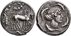 SICILY. Syracuse. Second Democracy, 466-405 BC. Tetradrachm (Silver, 26 mm, 17.00 g, 11 h), circa 450-440. Charioteer driving quadriga walking to righ...