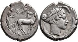 SICILY. Syracuse. Second Democracy, 466-405 BC. Tetradrachm (Silver, 24 mm, 17.19 g, 12 h), circa 430. Charioteer driving quadriga walking to right, h...