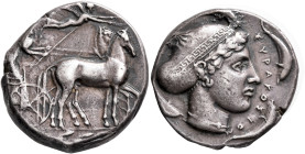 SICILY. Syracuse. Second Democracy, 466-405 BC. Tetradrachm (Silver, 24 mm, 17.24 g, 10 h), circa 430-420. Charioteer driving quadriga walking to righ...