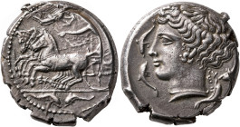 SICILY. Syracuse. Second Democracy, 466-405 BC. Tetradrachm (Silver, 24 mm, 17.19 g, 12 h), both dies signed by Eumenos, circa 415-405. Charioteer dri...