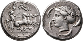 SICILY. Syracuse. Second Democracy, 466-405 BC. Tetradrachm (Silver, 25 mm, 17.04 g, 9 h), obverse die signed by Euainetos, reverse die signed by Eukl...