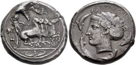 SICILY. Syracuse. Second Democracy, 466-405 BC. Tetradrachm (Silver, 25 mm, 17.32 g, 7 h), obverse die signed by Euainetos, reverse die signed by Eukl...