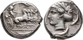 SICILY. Syracuse. Second Democracy, 466-405 BC. Tetradrachm (Silver, 23 mm, 17.19 g, 2 h), obverse die signed by Euainetos, reverse die signed by Eukl...