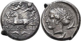 SICILY. Syracuse. Second Democracy, 466-405 BC. Tetradrachm (Silver, 26 mm, 16.95 g, 6 h), reverse die signed by Euainetos, circa 415-405. Charioteer ...