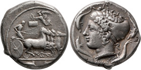 SICILY. Syracuse. Second Democracy, 466-405 BC. Tetradrachm (Silver, 24 mm, 17.21 g, 11 h), obverse die signed by Euainetos, reverse die signed by Eum...