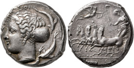 SICILY. Syracuse. Second Democracy, 466-405 BC. Tetradrachm (Silver, 23 mm, 17.14 g, 7 h), obverse die signed by Phrygillos, reverse die signed by Eua...