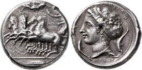 SICILY. Syracuse. Dionysios I, 405-367 BC. Tetradrachm (Silver, 25 mm, 17.21 g, 8 h), reverse die signed by Parmenides, circa 405. Charioteer driving ...