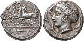 SICILY. Syracuse. Dionysios I, 405-367 BC. Tetradrachm (Silver, 24 mm, 17.32 g, 6 h), circa 405-395. Charioteer driving fast quadriga to left, holding...