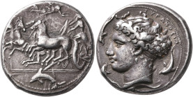 SICILY. Syracuse. Dionysios I, 405-367 BC. Tetradrachm (Silver, 25 mm, 17.27 g, 9 h), unsigned dies by Kimon, circa 405-395. Charioteer driving quadri...