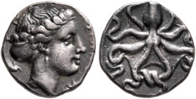 SICILY. Syracuse. Dionysios I, 405-367 BC. Litra (Silver, 10 mm, 0.82 g, 7 h), circa 405-400. [ΣΥΡΑΚΟ]ΣΙΩΝ Head of Arethousa to right, her hair bound ...
