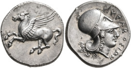 SICILY. Syracuse. Timoleon and the Third Democracy, 344-317 BC. Stater (Silver, 22 mm, 8.67 g, 2 h). Pegasos flying left. Rev. ΣYPAKOΣIΩN Head of Athe...