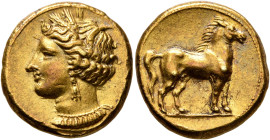 CARTHAGE. Circa 320-310 BC. Stater (Electrum, 18 mm, 7.53 g, 12 h). Head of Tanit to left, wearing wreath of grain ears, triple-pendant earring and el...