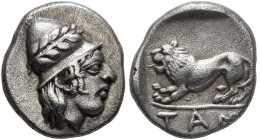 TAURIC CHERSONESOS. Tamyrake. Circa 400-375 BC. Diobol (Silver, 9 mm, 1.28 g, 11 h). Head of a young Kabeiros to right, wearing laureate conical cap. ...