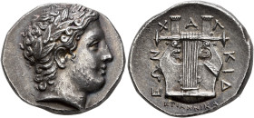 MACEDON, Chalkidian League. Circa 358-355 BC. Tetradrachm (Silver, 24 mm, 14.47 g, 6 h), Olynthos. Annikas, magistrate. Laureate head of Apollo to rig...