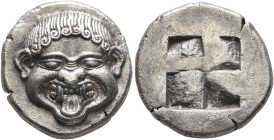 MACEDON. Neapolis. Circa 500-480 BC. Stater (Silver, 20 mm, 9.51 g). Facing gorgoneion with protruding tongue. Rev. Quadripartite incuse square. Dewin...