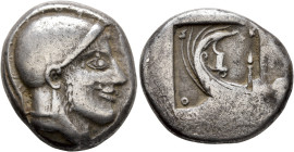 MACEDON. Skione. Circa 480-470 BC. Tetradrachm (Silver, 24 mm, 16.68 g, 3 h). Head of Protesilaos to right, wearing crested Attic helmet; base of the ...